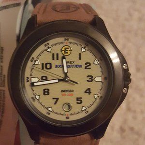 New-in-box Timex watch with Indiglo, brown leather band